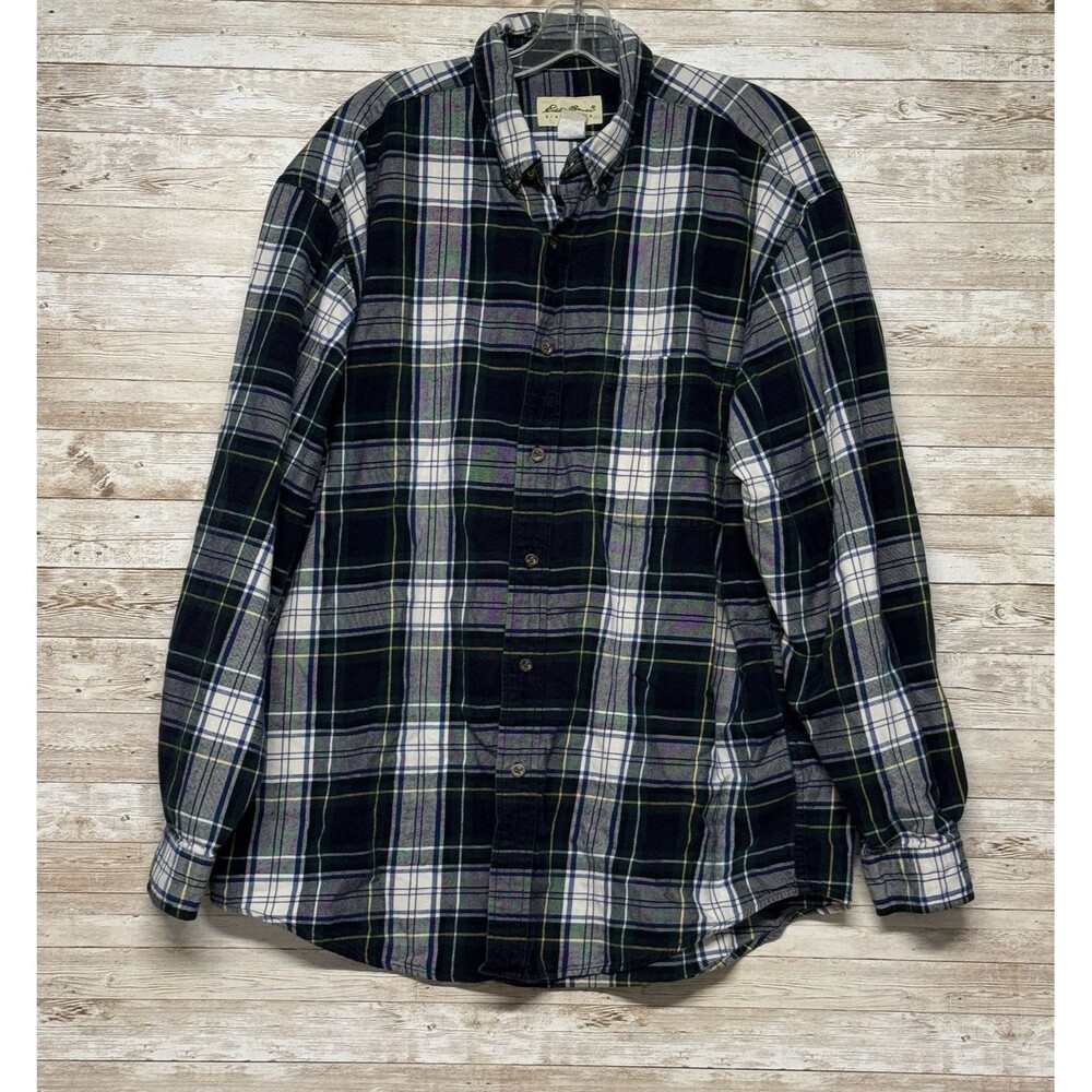 Eddie Bauer Mens Large Green Blue Plaid Long Sleeve Button Up Shirt